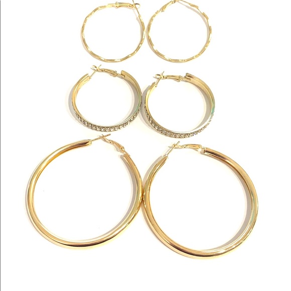 Hoop Earrings 3 Pair Gold Tone - Picture 2 of 8